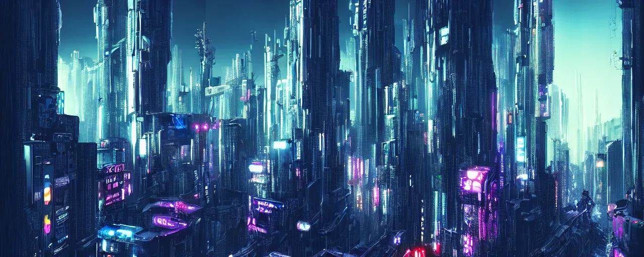 Prompt: A cyberpunk cityscape, by Tokujin Yoshioka, landscape, dramatic lighting, high contrast colors, panoramic view, as trending on Artstation, highly detailed,