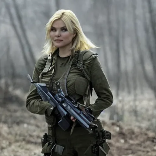 Image similar to elisha cuthbert as a soldier in a dystopian future battleground