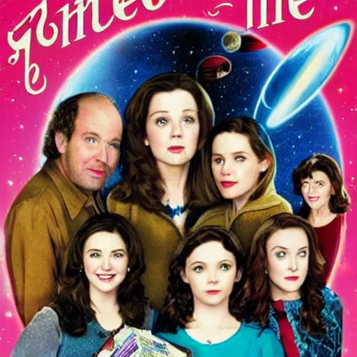 Prompt: gilmore girls in space movie poster from 1 9 9 0 s