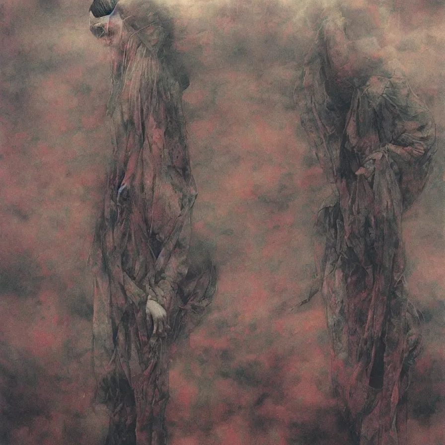 Image similar to a antichrist in clouds of atmospheric mist, high detailed beksinski painting, by adrian ghenie and gerhard richter. art by takato yamamoto. masterpiece, deep colours.