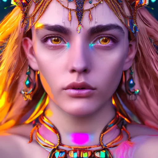 Prompt: portrait highly detailed beautiful symmetrical face high priestess water nymph intricate elegant detailed crystal jewellery with tribal feathers, lush colourful volumetric lighting, digital painting, concept art, smooth, sharp focus 3 d, divine realm of gods, realistic cinematic style, octane render, photographic, unreal engine 8 k