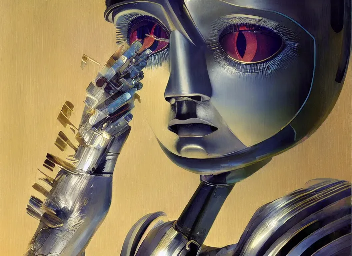 Image similar to a portrait headshot of sci fi metallic human, bright eyes, melancholic complex geometric figure liminal machinery by oskar schlemmer, moebius, john berkey, teamlab, oil on canvas, portrait facial head, featured on artstation, hd wallpaper