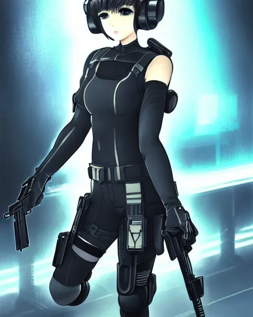 Image similar to 2 b, anime key visual of a young female swat officer, neon, cyberpunk, futuristic, white outfit, black swat vest, swat helmet, holding pdw, stunning, highly detailed, digital painting, smooth, soft focus, illustration, poster, japanese typography, digital art from artstation by artgerm and greg rutkowski and alphonse mucha