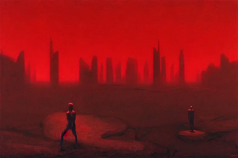 Image similar to only with red, red god of death eat apple, a futuristic city on mars in the background, red worms on the floor, in the style of beksinski, part by hopper, part by rodcenko, part by hofbauer, intricate composition, red by caravaggio, insanely quality, highly detailed, masterpiece, red light, artstation, 8 k