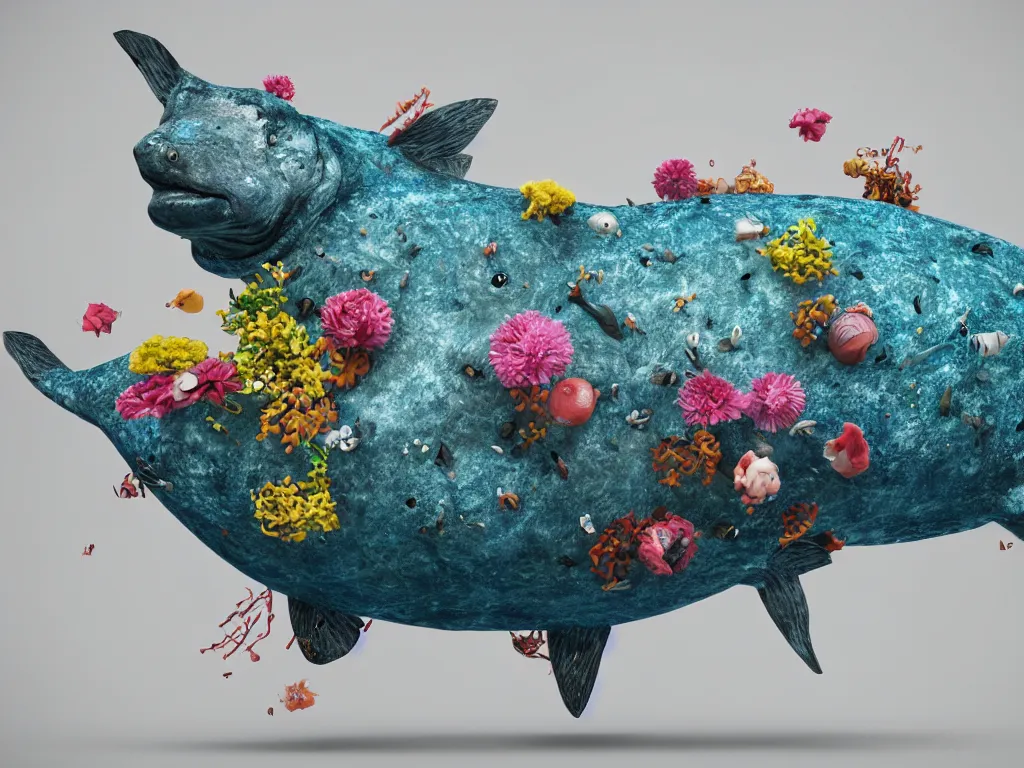 Image similar to a sculpture of fish ocean intertwined, a lovely cornucopia of flowers and cows, body parts, highly detailed, octane render, cinematic, shock, sharp focus, ball, an independent psycho, clean