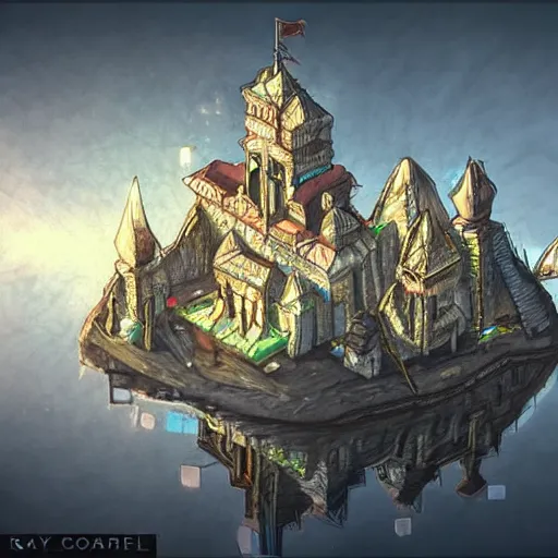 Image similar to an epic drawing Artstation style of a floating castle, with diamonds and crystals buildings around it. Ray tracing reflections,