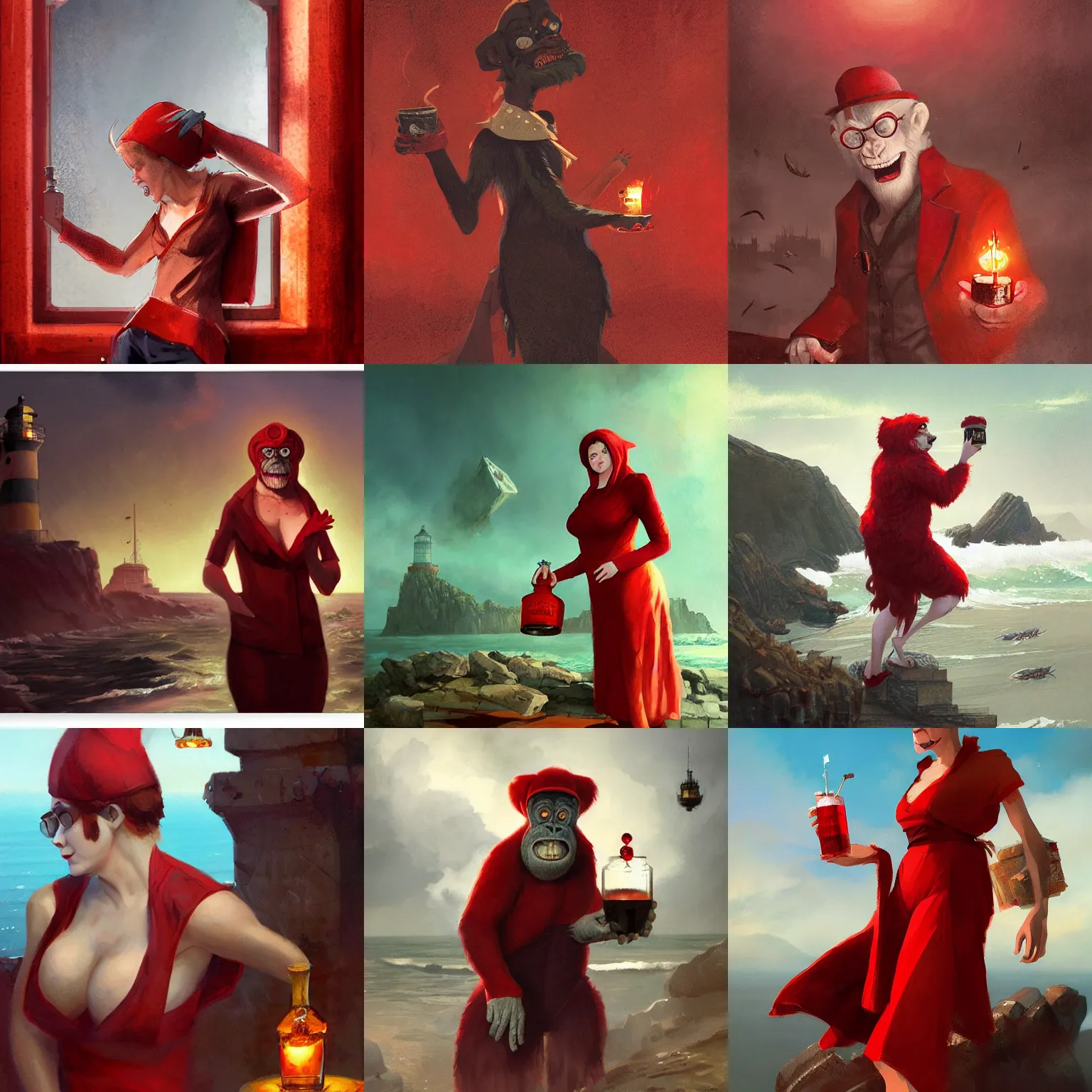 Prompt: red librarian as red ape from terry pratchett shake the lighthouse as cocktail shaker, by greg rutkowski