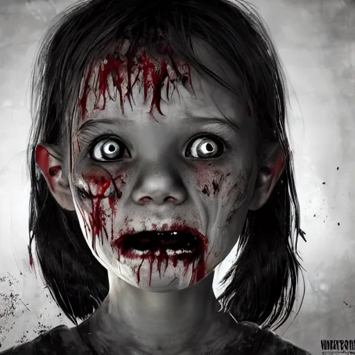 Image similar to angry female zombie toddler without eyes portrait, empty bloody - black eyesockets, horror core, apocalyptic, feeling of grimdark, sharp focus, fiction, hyper detailed, digital art, trending in artstation, cinematic lighting, studio quality, smooth render, unreal engine 5 rendered, octane rendered, art style and nixeu and wlop and krenz cushart