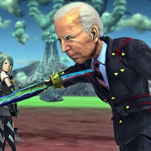 Image similar to joe biden fighting a monster in xenoblade chronicles