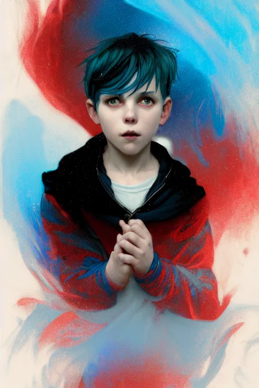 Prompt: portrait of a small boy with black hoodie, blue hair and red horns, luminous scene, by greg rutkowski and alphonse mucha, d & d character, gradient white to cyan, in front of an iridescent background, highly detailed portrait, digital painting, artstation, concept art, smooth, sharp focus ilustration, artstation hq