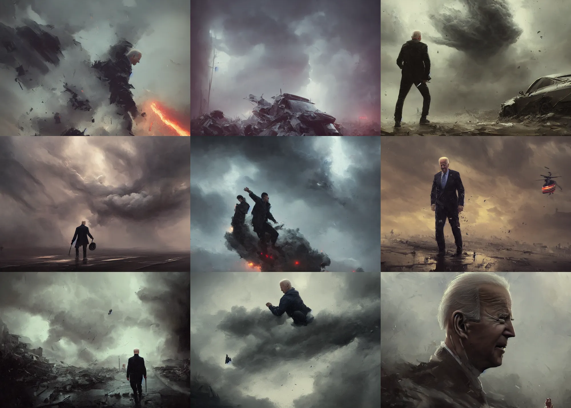 Prompt: painting of Joe Biden swept up in a tornado, sharp focus, face focused, trending on ArtStation, masterpiece, by Greg Rutkowski, by Ross Tran, by Fenghua Zhong, octane, soft render, oil on canvas, moody lighting, high contrast, cinematic, pics that go hard, professional environmental concept art