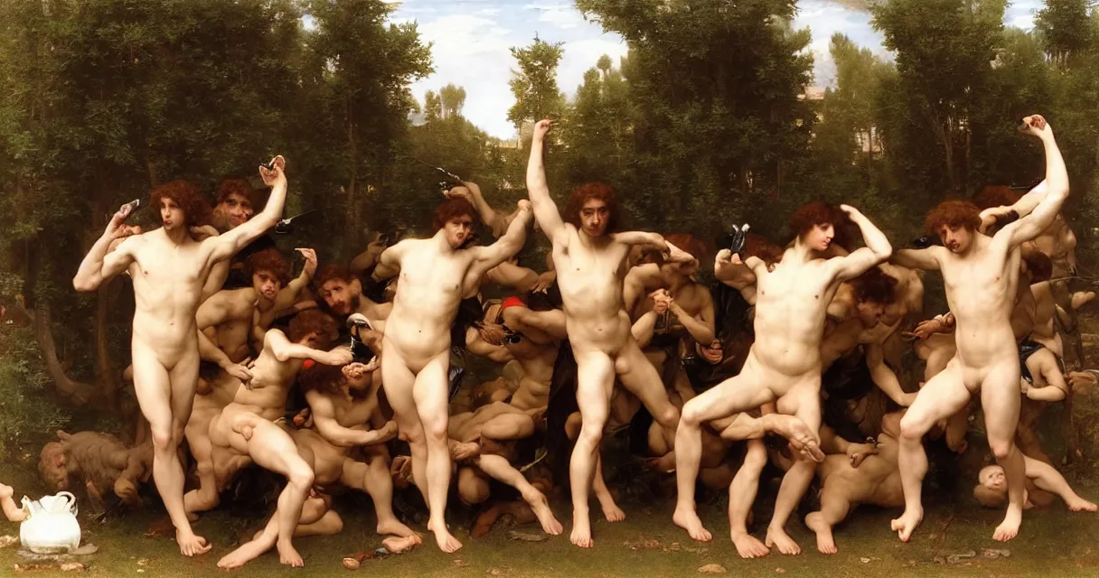 Image similar to large group of pre-Raphaelite muscular athletic male gamers wearing headsets holding laptops playstation5 x-box and PC by Bouguereau and raphael