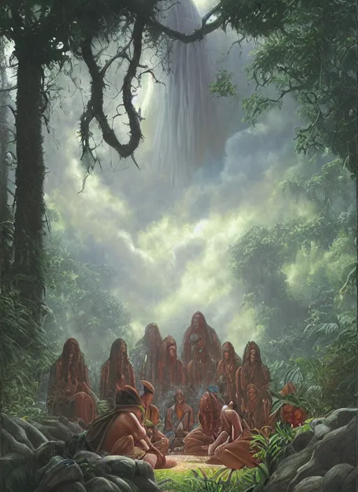 Image similar to ancestors protecting a shaman praying in the jungle, old faces in the clouds, art by christophe vacher