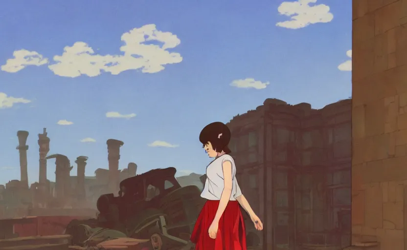 Image similar to a girl with a red skirt on the background of a ruined city, early morning, dieselpunk, by Studio Ghibli and Edward Hopper