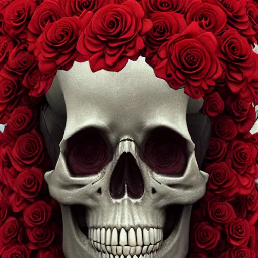 Image similar to skull made of red roses, organic horror, devil, death, giger, epic, baroque, art nouveau, james jean, photorealistic render, 3 ds max + v - ray, extremely detailed and intricate, center composition, elegant, vfx, unreal engine 5, octane render, extremely contrast, extremely sharp lines