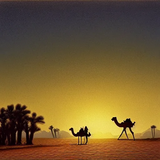 Prompt: desert dunes at sunset, palm trees, two camels in the foreground, long shadows, stars, twilight, dust, atmospheric, dramatic lighting, by john atkinson grimshaw, artstation