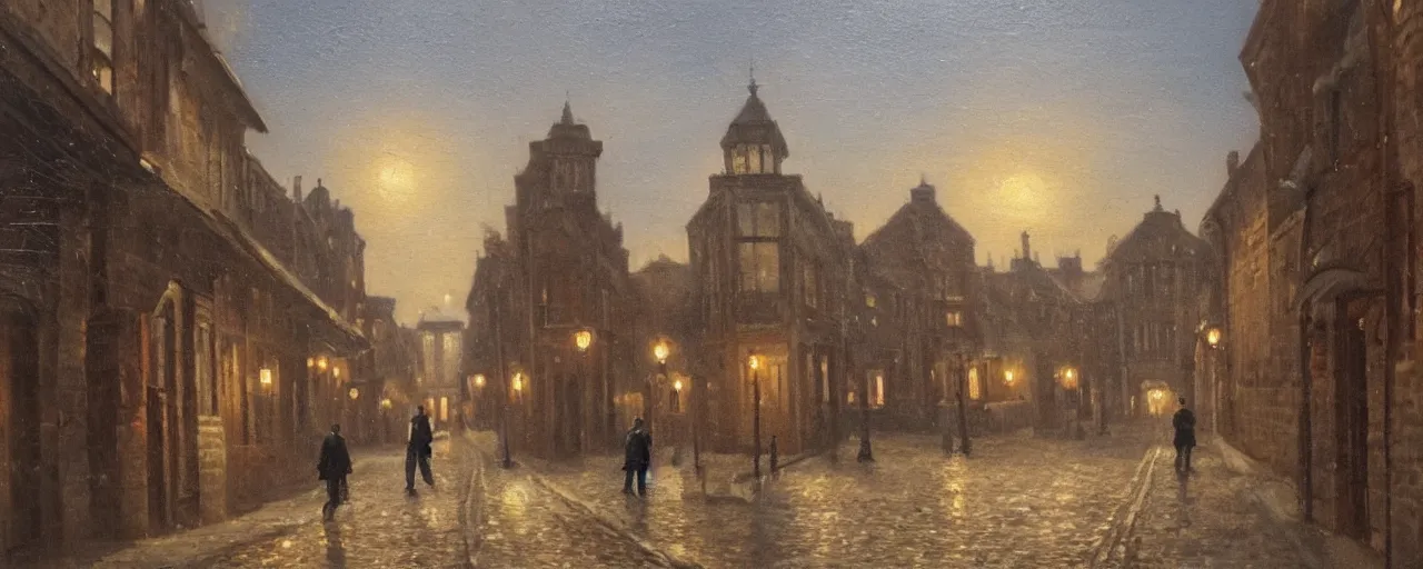 Prompt: oil painting of a Victorian gentleman walking down a cobblestone street, painting , night lot street, oil lamps