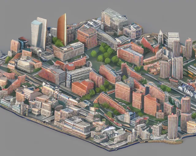 Image similar to 3 d model of london on fire, isometric, fire and smoke, air shot