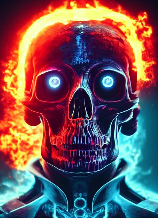 Image similar to a futuristic skull with glowing eyes and a flame fire background, cyberpunk art by android jones, behance contest winner, computer art, darksynth, synthwave, rendered in cinema 4 d