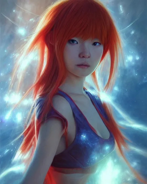 Image similar to asuka langley, award winning photograph, radiant flares, realism, lens flare, intricate, various refining methods, micro macro autofocus, evil realm magic painting vibes, hyperrealistic painting by michael komarck - daniel dos santos