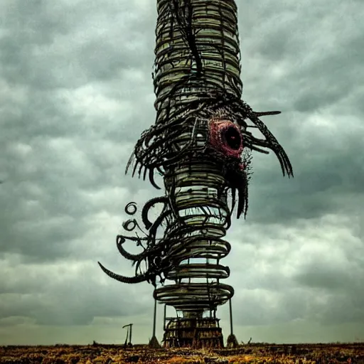 Image similar to giant evil bio-organic fleshy complex machine tower with tendrils and one eyeball at the top looking over a stormy post-apocalyptic wasteland, dystopian art