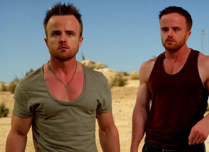 Image similar to extremely muscular Jesse Pinkman, upper body shot, movie still, photorealistic, shot by Vince Gilligan