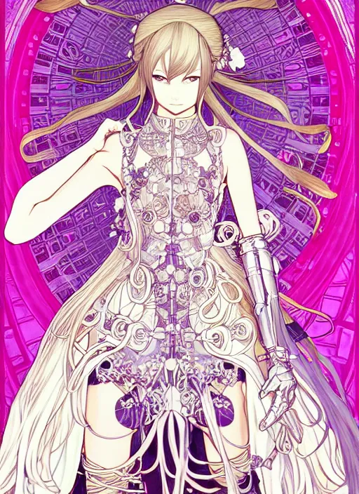 Image similar to highly detailed terada katsuya artstation minaba hideo fantastic fate shigenori soejima manga poster of princess mechine, long hair, armor, dress, laces, ruffles, 8 k, fluorescent, maximalist, jump comics, tomer hanuka, alphonse mucha