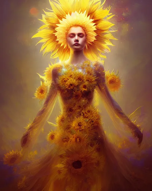 Image similar to Full View Portrait Mystical ethereal sunflower deity wearing beautiful dress, sunflower Dryad beautiful dress, 4k digital masterpiece by Greg Rutkowski and Ruan Jia and rossdraws, Alberto Seveso, fantasycore, Hyperdetailed, realistic oil on linen, soft lighting, Iconography background, featured on Artstation