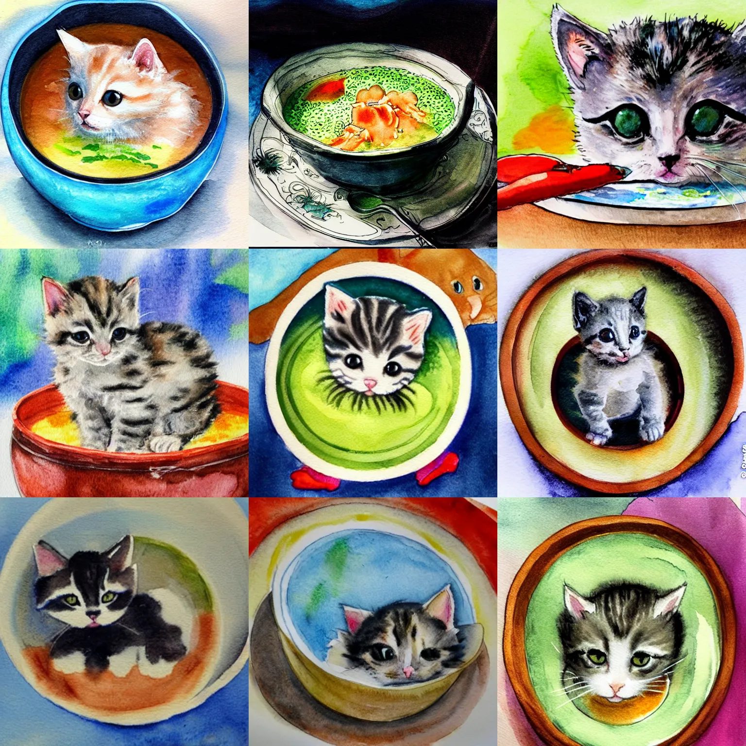 Prompt: a baby kitten inside of a bowl of soup, highly detailed water color painting