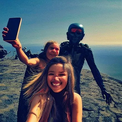 Image similar to “ our humanoid descendants in the year 2 2 0 0 taking a selfie on their sci - fi planet, award - winning details ”