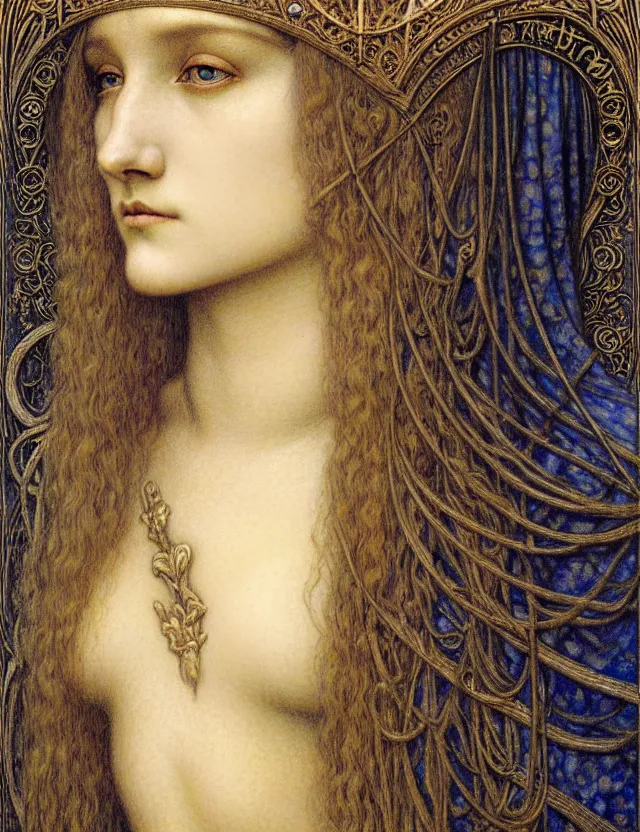 Image similar to detailed realistic beautiful young medieval queen face portrait by jean delville, gustave dore and marco mazzoni, art nouveau, symbolist, visionary, gothic, pre - raphaelite. horizontal symmetry