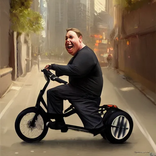 Image similar to hyper realistic obese steve buscemi riding a tiny tricycle, painted by greg rutkowski, wlop, artgerm