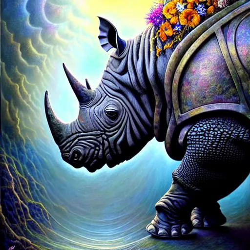 Prompt: A beautiful detailed rhino in armor, tarot card, by tomasz alen kopera and Justin Gerard and a bouquet of ethereal big colorful transparent entangled flowers on the background, direct sunlight, glowing, vivid, detailed painting, Houdini algorhitmic pattern, by Ross Tran, WLOP, artgerm and James Jean, masterpiece, award winning painting