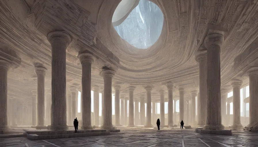 Image similar to the inside of a monument with greek motifs, by tim blandin and arthur haas and bruce pennington and john schoenherr, big windows architecture by zaha hadid, octane render, cinematic, scenery, cgsociety, modernism, futuristic, trending on artstation, sci - fi, high detail, high quality, close up angle, people walking