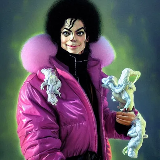 Prompt: beautiful fantasy character portrait, michael jackson, wearing pink puffy bomber jacket with white fur, by peter mohrbacher, hajime sorayama, wayne barlowe, boris vallejo, aaron horkey, gaston bussiere, craig mullins