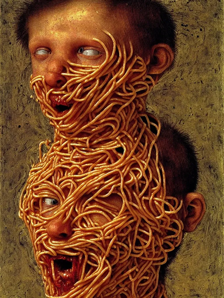 Prompt: a boy made of spaghetti, looking into camera, screaming in pain, by giuseppe arcimboldo and ambrosius benson, renaissance, intricate and intense oil paint, a touch of beksinski and hr giger and edward munch, realistic