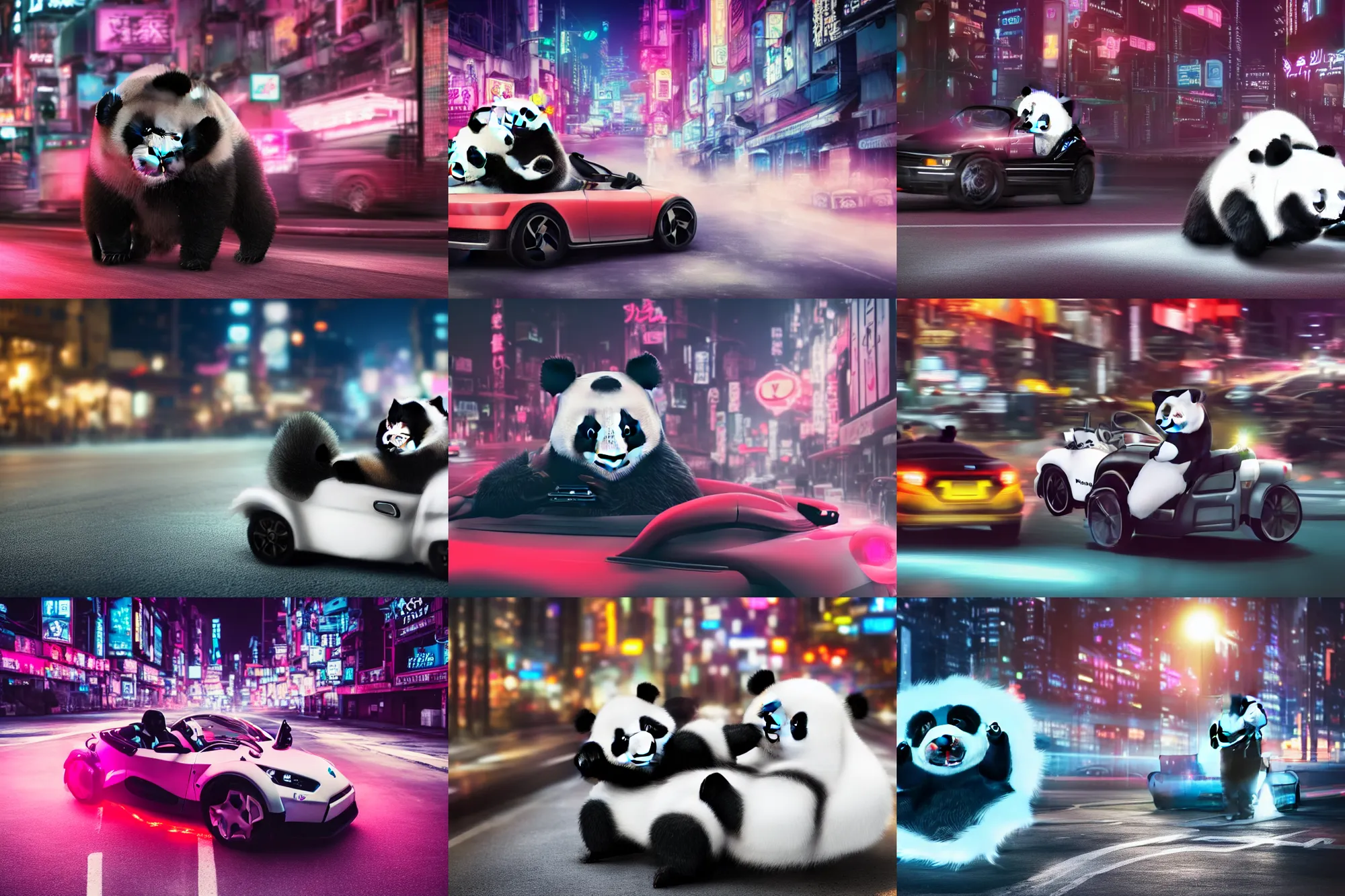 Prompt: a cute panda driving a roadster made of white fur in the street, Cyberpunk, neon light, 4k, hd, highly detailed