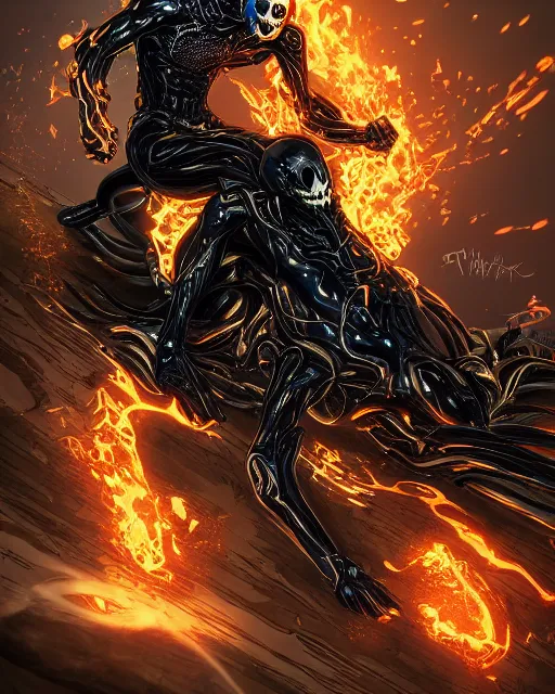 Image similar to ghost rider symbiote, dynamic lighting, fantasy concept art, trending on art station, stunning visuals, creative, cinematic, ultra detailed, comic strip style