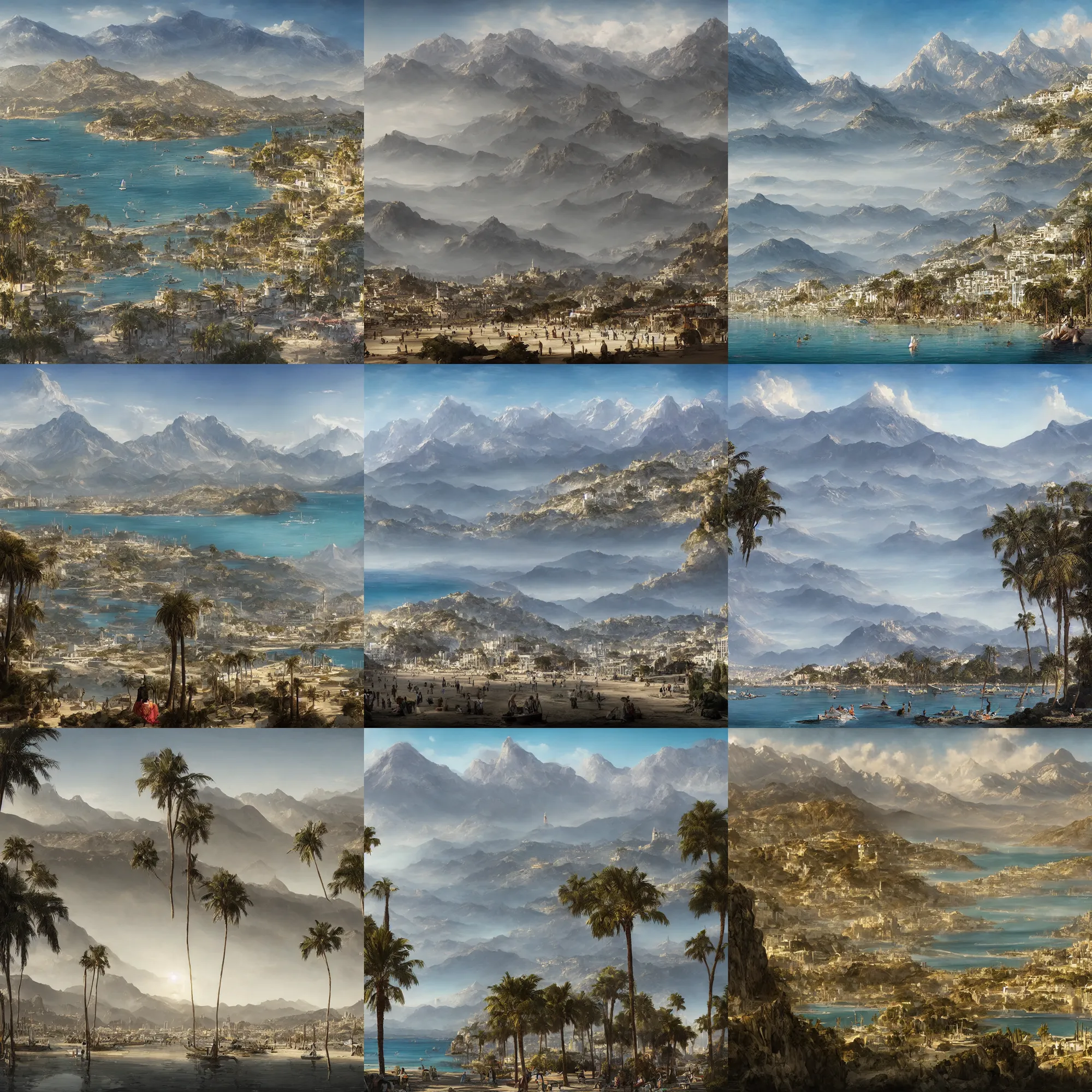 Prompt: marbella city, beach in the foreground, mountains in the background, matte painting, by raphael lacoste, don maitz, stephan martiniere