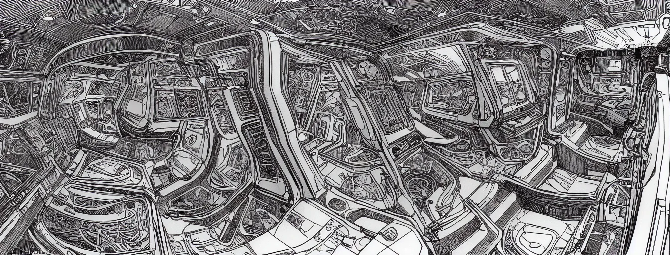 Image similar to cinematic shot of the interior of a sci - fi spaceship made with ornate biomachanical architecture and highly advanced technology, intricate linework, style of jean giraud moebius comic art