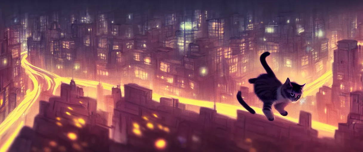 Prompt: hyper detailed concept art of choonky cute flooffy cat jumping, background the city at night sharp cinematic lighting 8k low angle shallow depth of field