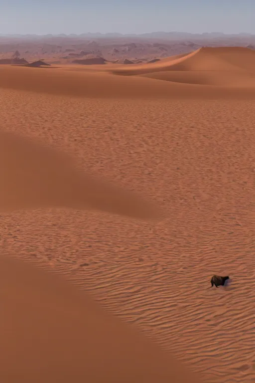 Image similar to a vast arabic desert landscape with minimal vegetation in the style of thomas cole and a group of camels crossing a dune, raytracing, 8 k, octane render, volumetric, vivid, beautiful, hyperrealism