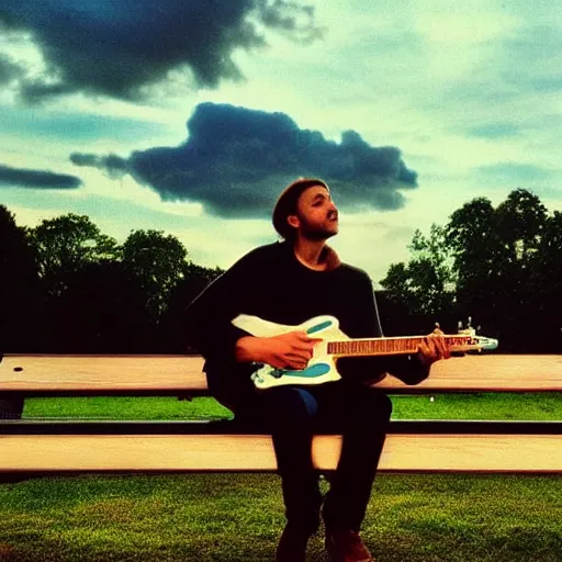 Image similar to 1 9 9 0 s candid 3 5 mm photo of a man sitting on a bench in a park playing guitar, cinematic lighting, cinematic look, golden hour, the clouds are epic and colorful with cinematic rays of light, photographed by petra collins, uhd