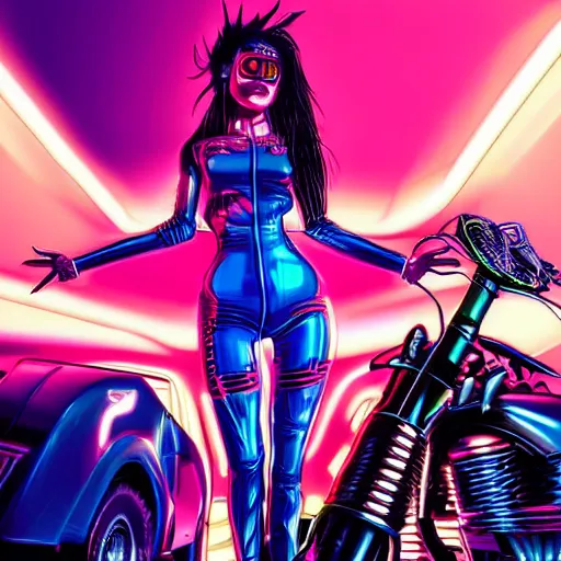 Image similar to synthwave cyberpunk girl detailed cybernetic face teardrops wearing latex biker catsuit holding a sitting on a stack of speakers in the back of a blue 1967 chevy camero, pink blue and red in a neon city in the style of a comic book sunset city