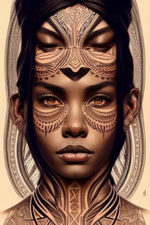 Image similar to symmetrical body portrait of beautiful nubian tribal tattooed young woman, intricate, elegant, highly detailed, digital painting, artstation, concept art, smooth, sharp focus, illustration, art by artgerm and greg rutkowski and alphonse mucha, 8 k