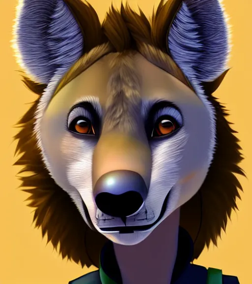 Image similar to digital detailed art of furry female hyena, in style of zootopia, fursona, furry, furaffinity, deviantart, wearing astronaut outfit, in style of disney zootopia, floating in space, space background, hyena fursona, cyberpunk, female, detailed face, style of artgerm,