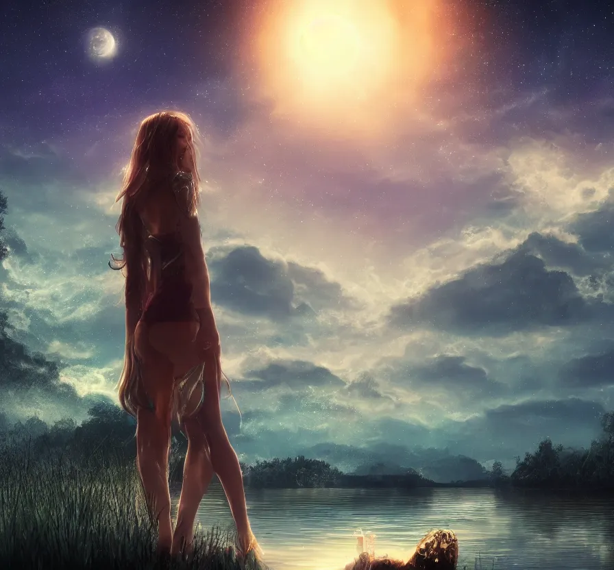 Prompt: girl in lake at night landscape with visible space sky, fantasy artwork, very beautiful scenery, hd, hdr, ue 5, ue 6, unreal engine 5, cinematic 4 k wallpaper, 8 k, ultra detailed, by popular digital artist,