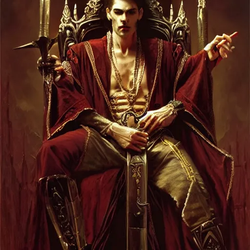 Image similar to perfectly centered portrait of attractive vampire king in a robe sitting on a throne of bones, highly detailed painting by gaston bussiere, craig mullins, j. c. leyendecker, 8 k