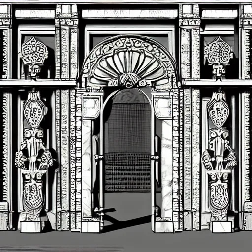 Image similar to ancient fantasy marble gate, neonpunk, mega structure, symmetric, intricate details