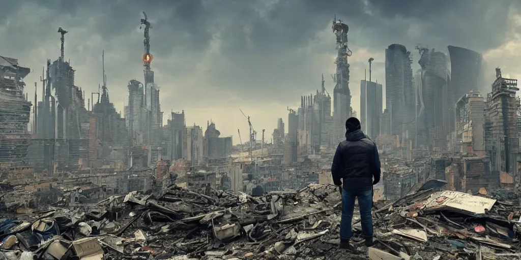 Image similar to one giant minion in the middle of the ruins of cyberpunk moscow after the bombing, a minimum of surviving houses, a dim sky, a dead city